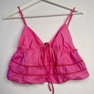 Zara Pink Plunge Neck Tie Front Ruffle Eyelet Camisole Crop Tank Top Size XS